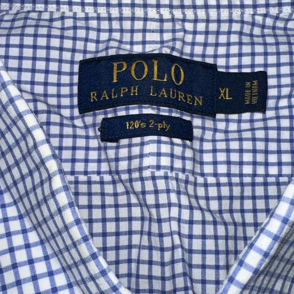 Polo Ralph Lauren Shirt XL 120's 2-ply Checkered Pattern Casual Preppy LS Blue